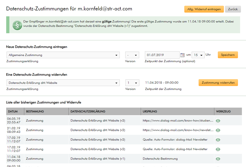 Sie können Datenschutz-Einwilligungen in Dialog-Mail zentral (!) verwalten.